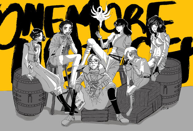 One More Notch characters. 6 characters dressed in North Hook-esque style hanging around some typical items near a docks/port.